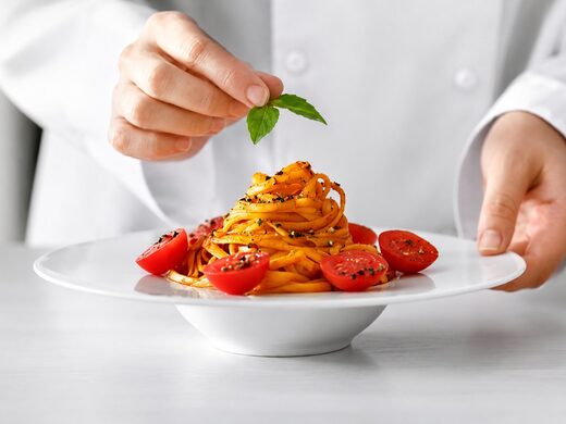 Piatto di pasta impiattato dallo chef