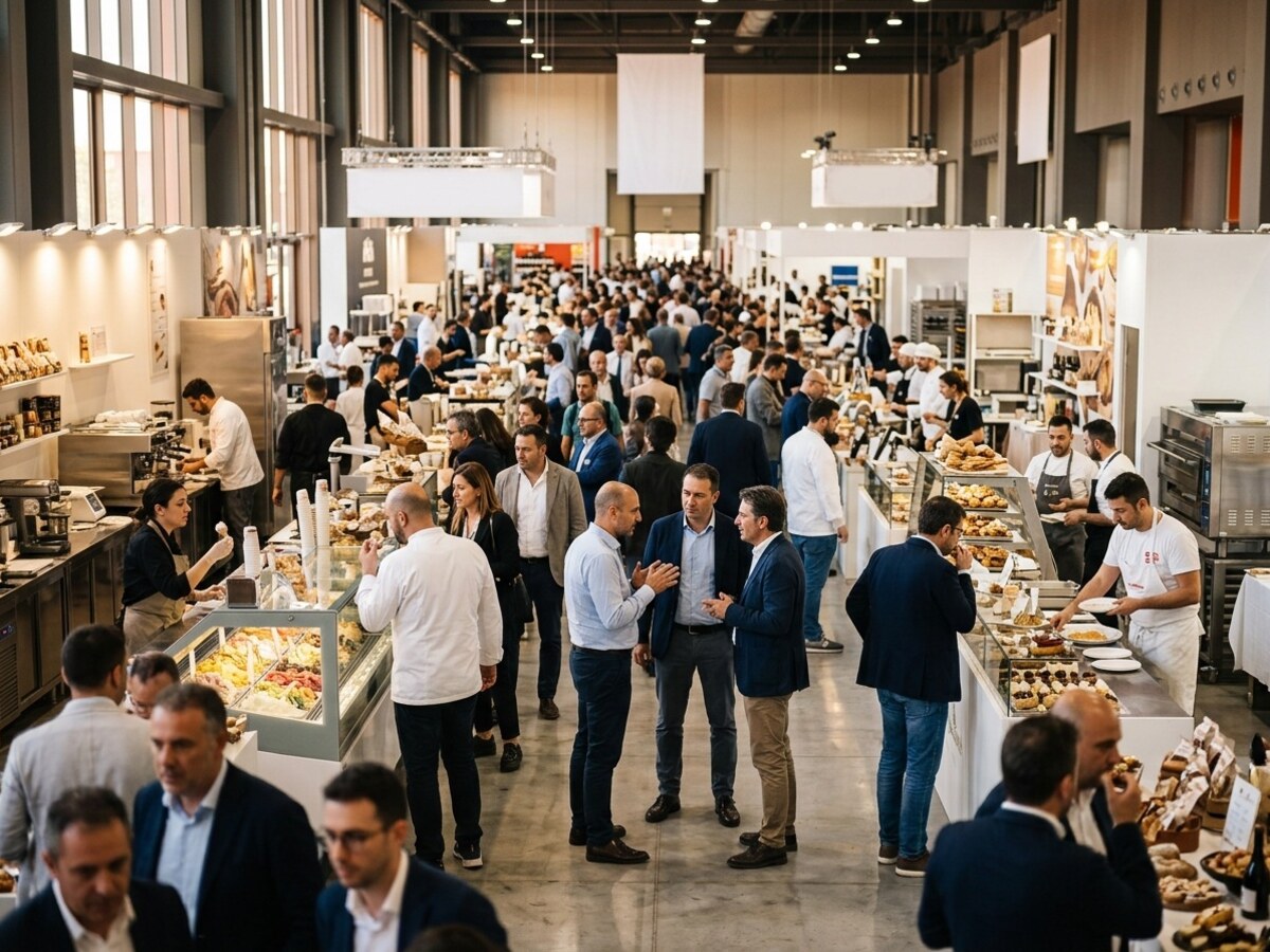 Il padiglione della fiera affollato di operatori, con i banchi del gelato e della pasticceria